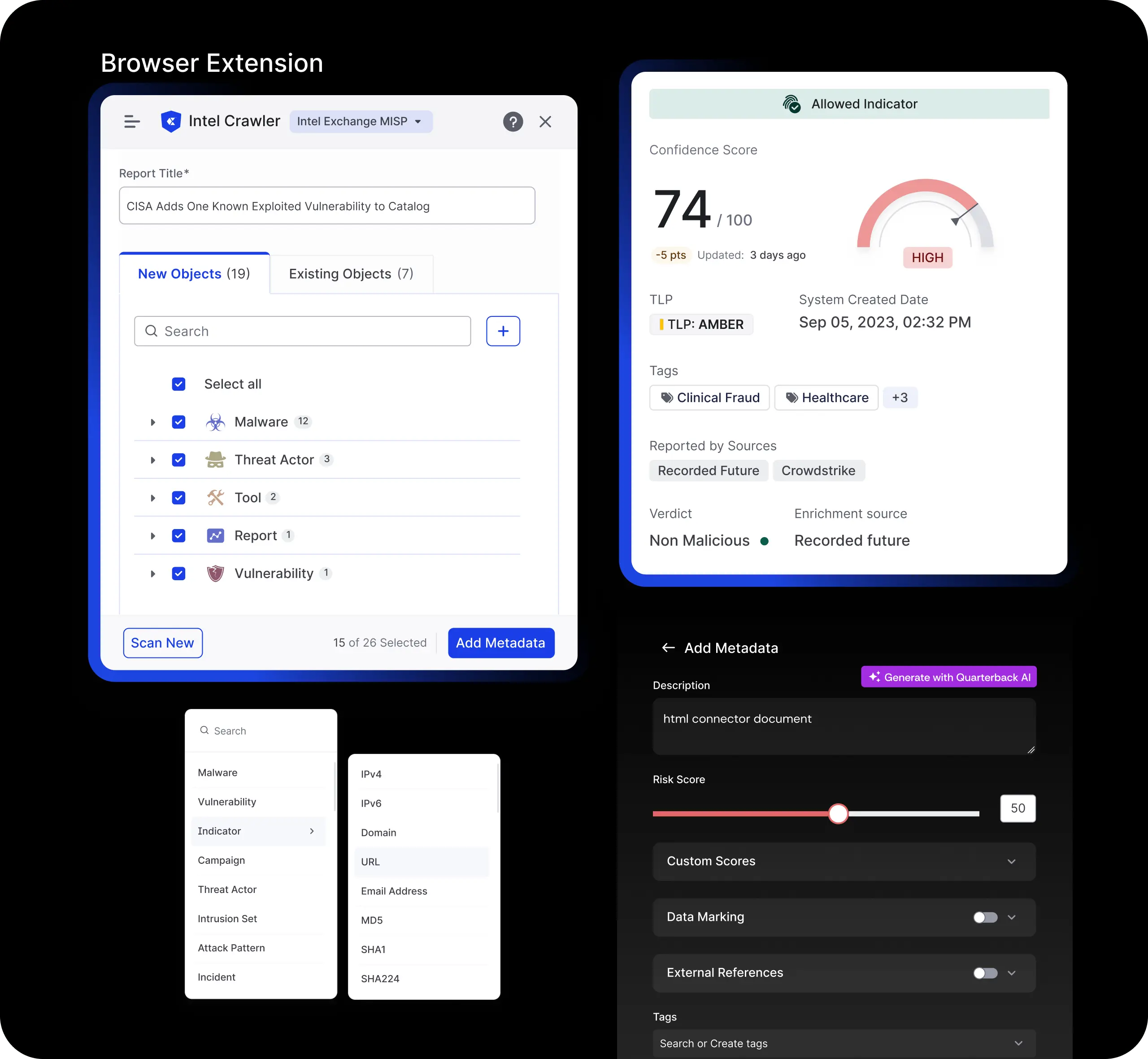Image showing how the Cyware Quarterback AI Threat Intel Crawler browser plugin enables threat data extraction and analysis