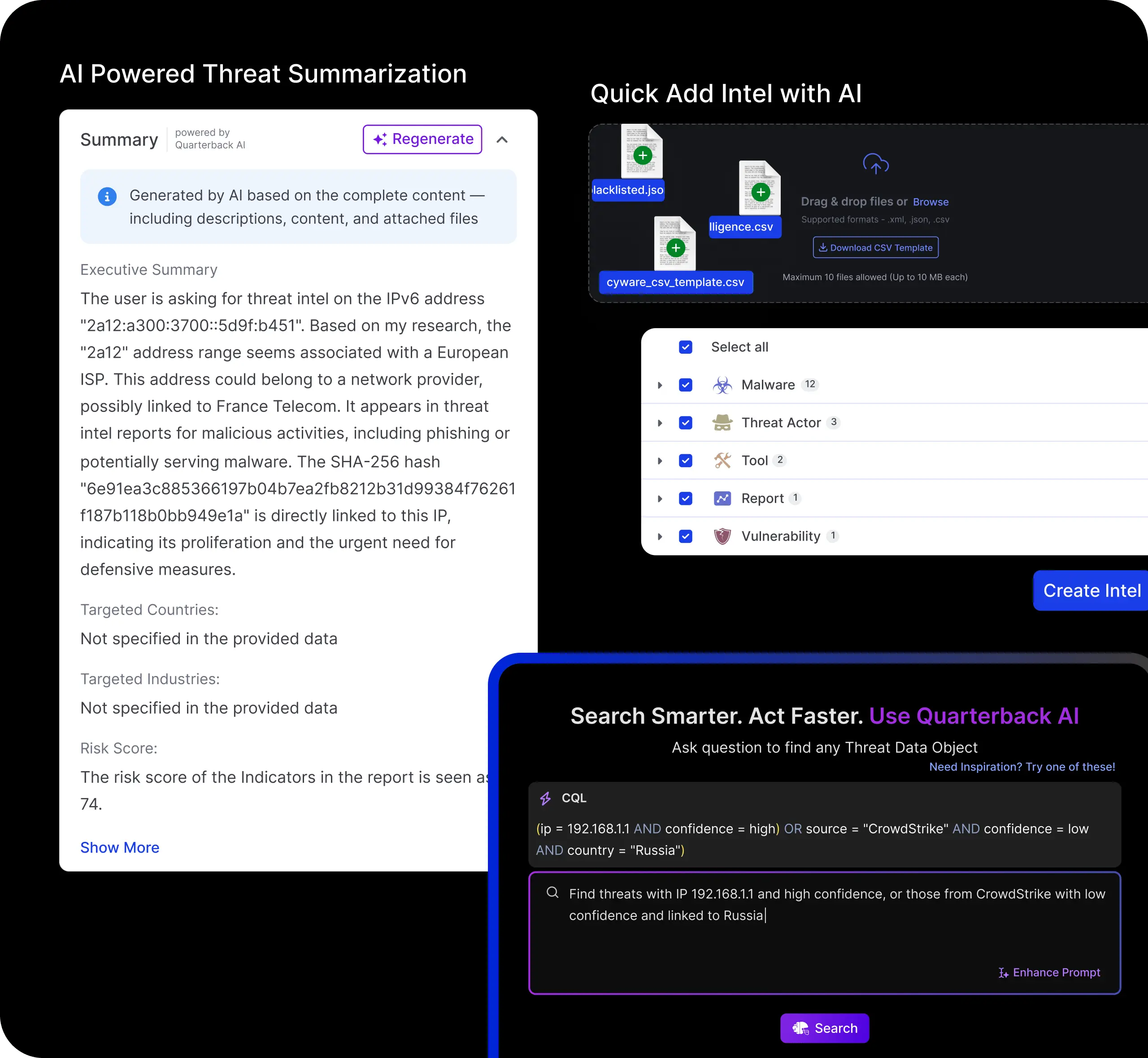 Image showing how Cyware Quarterback AI enables intelligent threat data extraction and insights with the power of AI